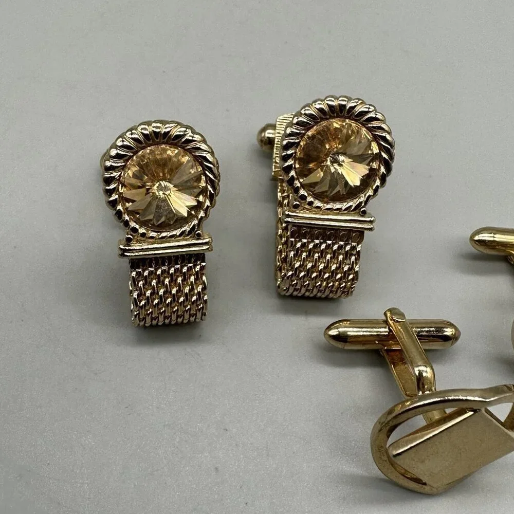 Vintage Swank Men Cufflinks Set of 2 Gold Tone Mesh Rhinestone Modern Square